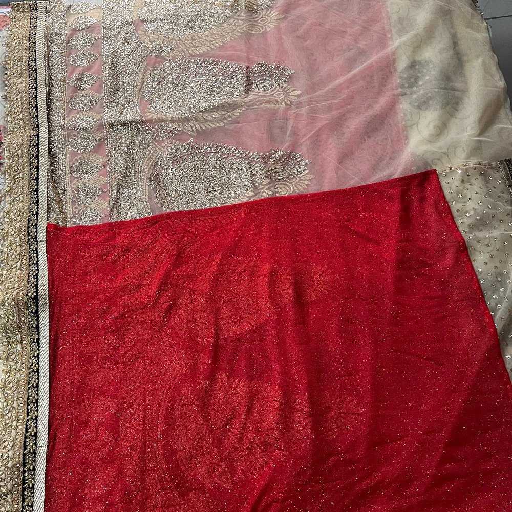 Shimmering Red and Cream Party Wear Half and Half Saree - Picture 3 of 11